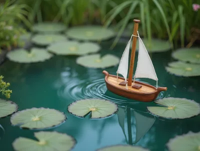 Small Wooden Toy Sailboat Floating On A Pond