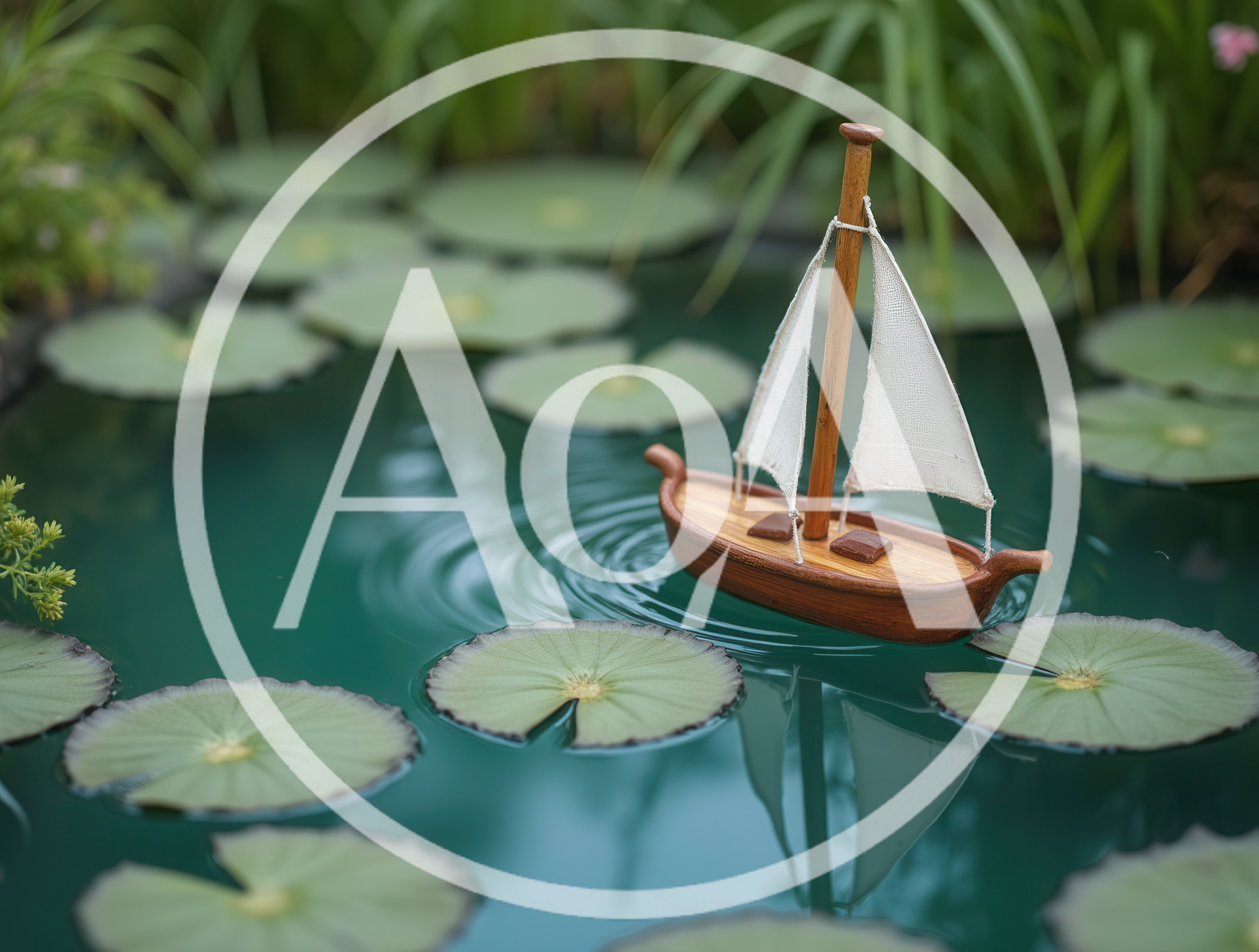 Small Wooden Toy Sailboat Floating On A Pond