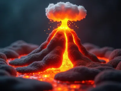 Volcanic Eruption With Glowing Lava And Ash Cloud