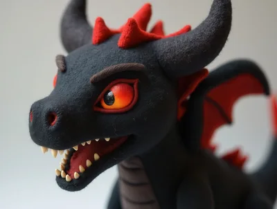 Close Up Of A Black And Red Dragon Plush Toy