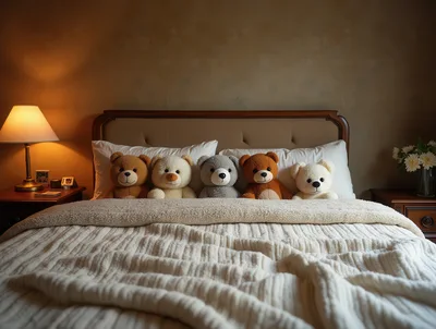 Five Teddy Bears Sitting On A Cozy Bed