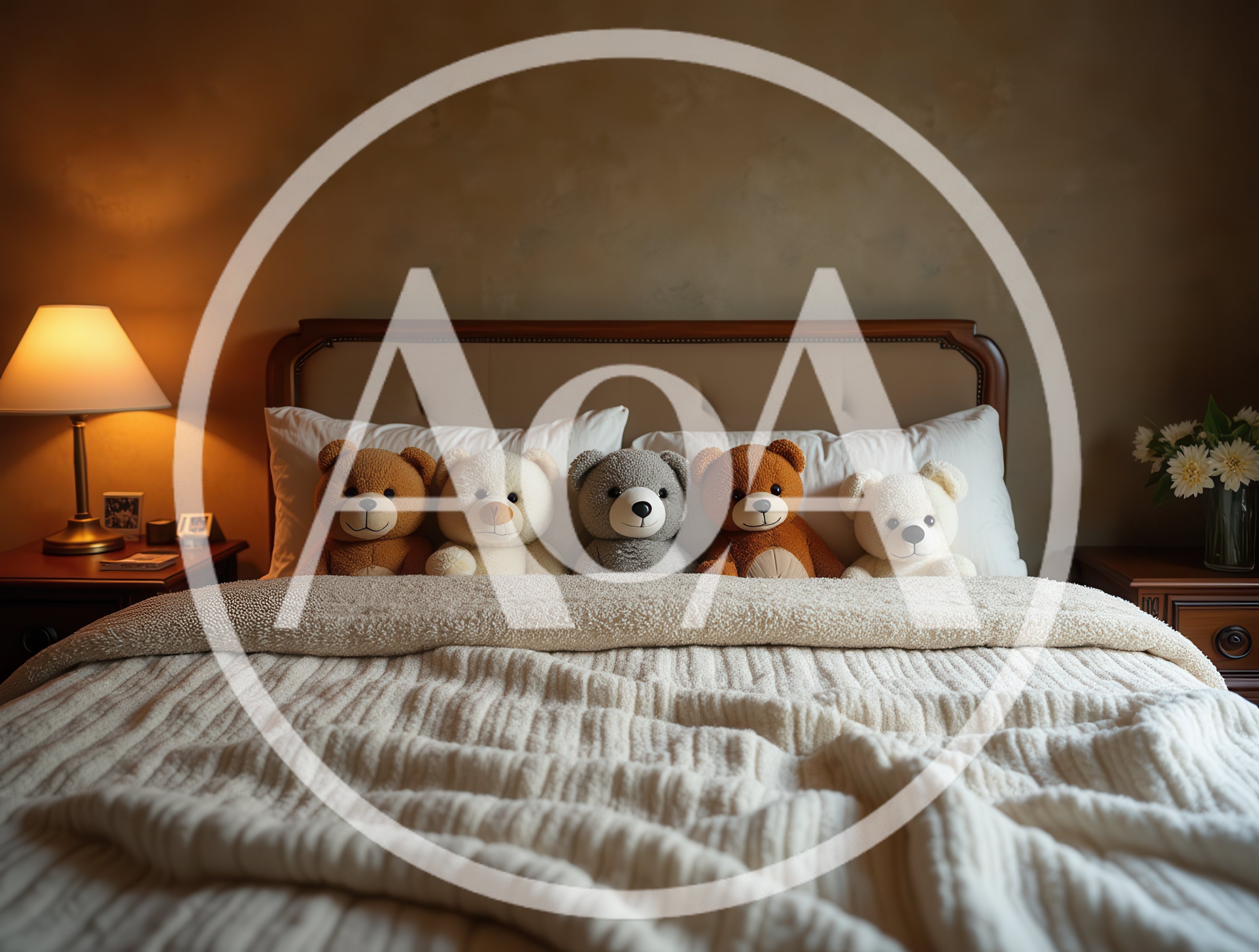 Five Teddy Bears Sitting On A Cozy Bed