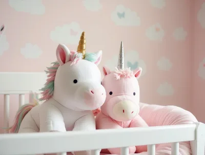 Two Plush Unicorn Toys Sitting In A Baby Crib