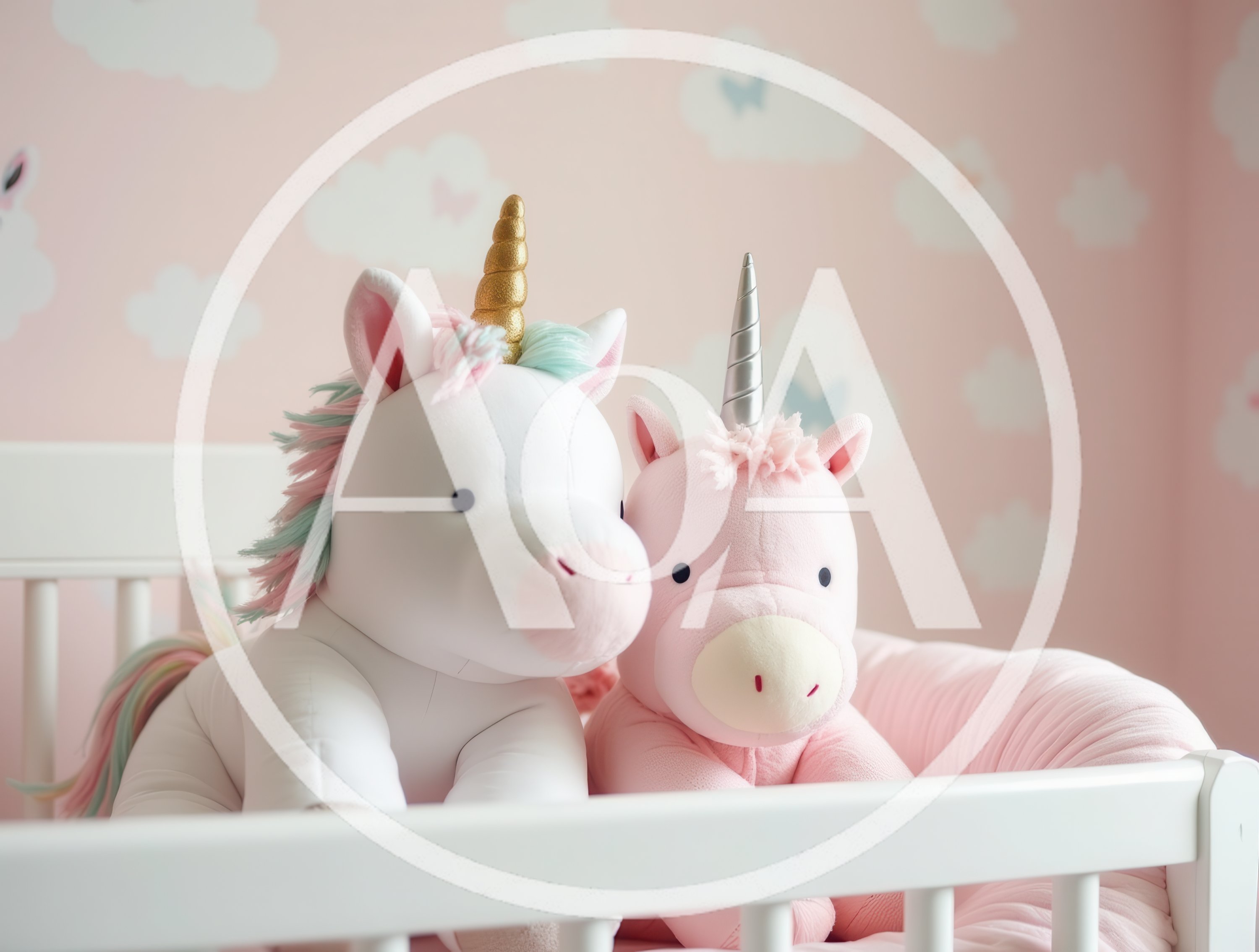 Two Plush Unicorn Toys Sitting In A Baby Crib