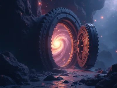 Sci-Fi Vault Door Opening To A Glowing Galaxy