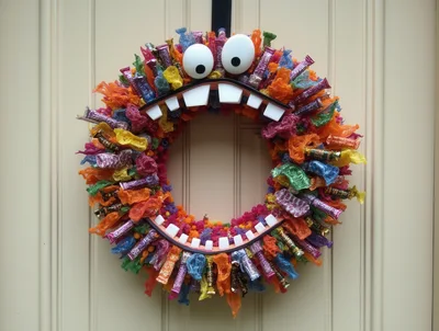 Handmade Monster Halloween Wreath On A Door