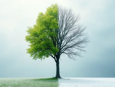 Split Season Tree With Green Leaves And Bare Branches