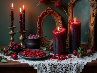 Gothic Still Life With Red Berries And Candles