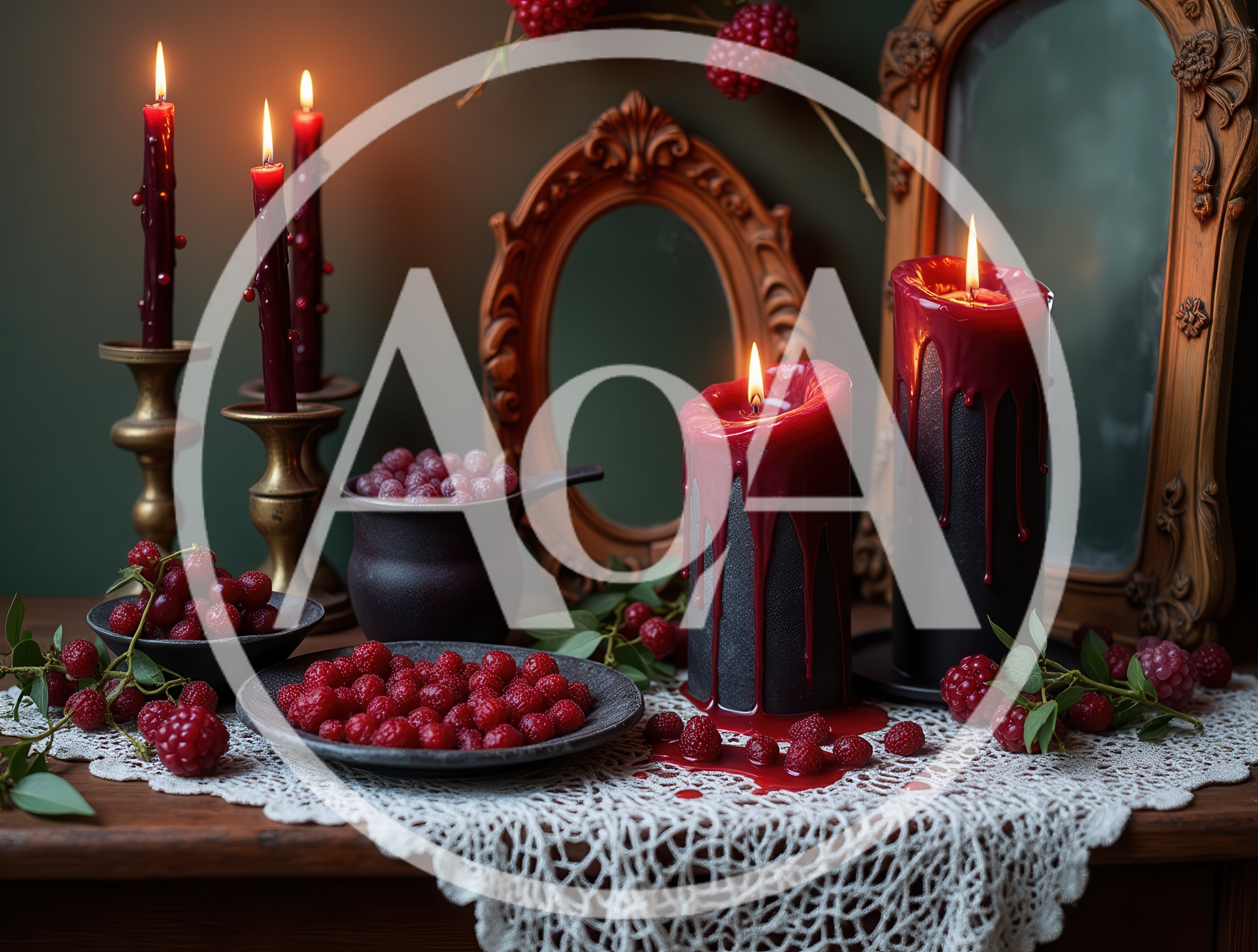 Gothic Still Life With Red Berries And Candles