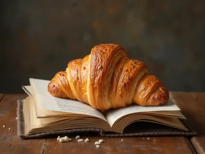 Fresh Golden Croissant Resting On An Open Antique Book