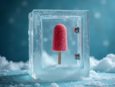 Red Popsicle Frozen Inside A Transparent Ice Block