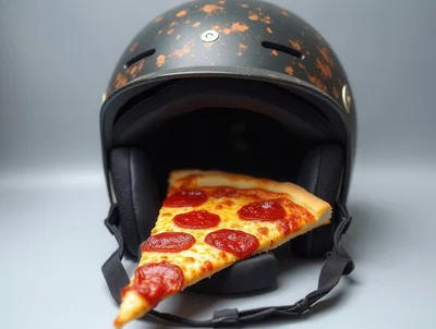 Pepperoni Pizza Slice Inside A Motorcycle Helmet