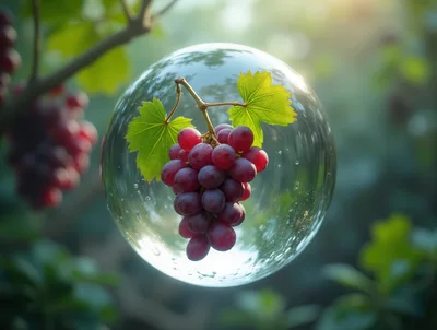 Red Grapes Suspended Inside A Transparent Floating Bubble