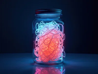 Glowing Neon Spaghetti Strands Inside A Glass Jar
