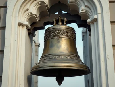 Large Bronze Church Bell Hanging In Architectural Archway
