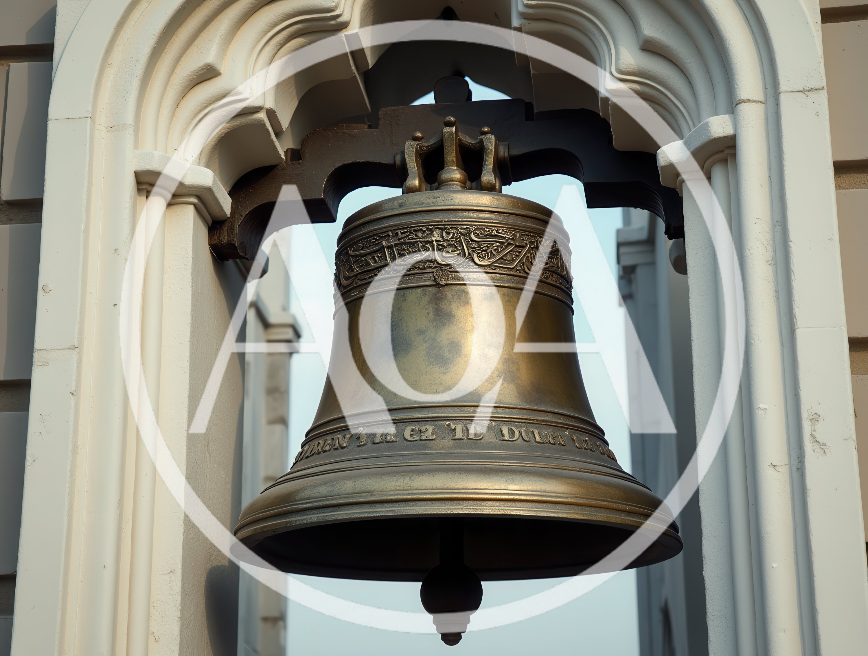 Large Bronze Church Bell Hanging In Architectural Archway