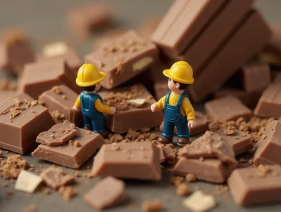Miniature Construction Workers Working On Chocolate Blocks