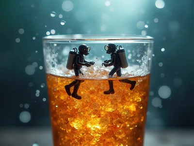 Miniature Scuba Divers Swimming In A Glass Of Soda