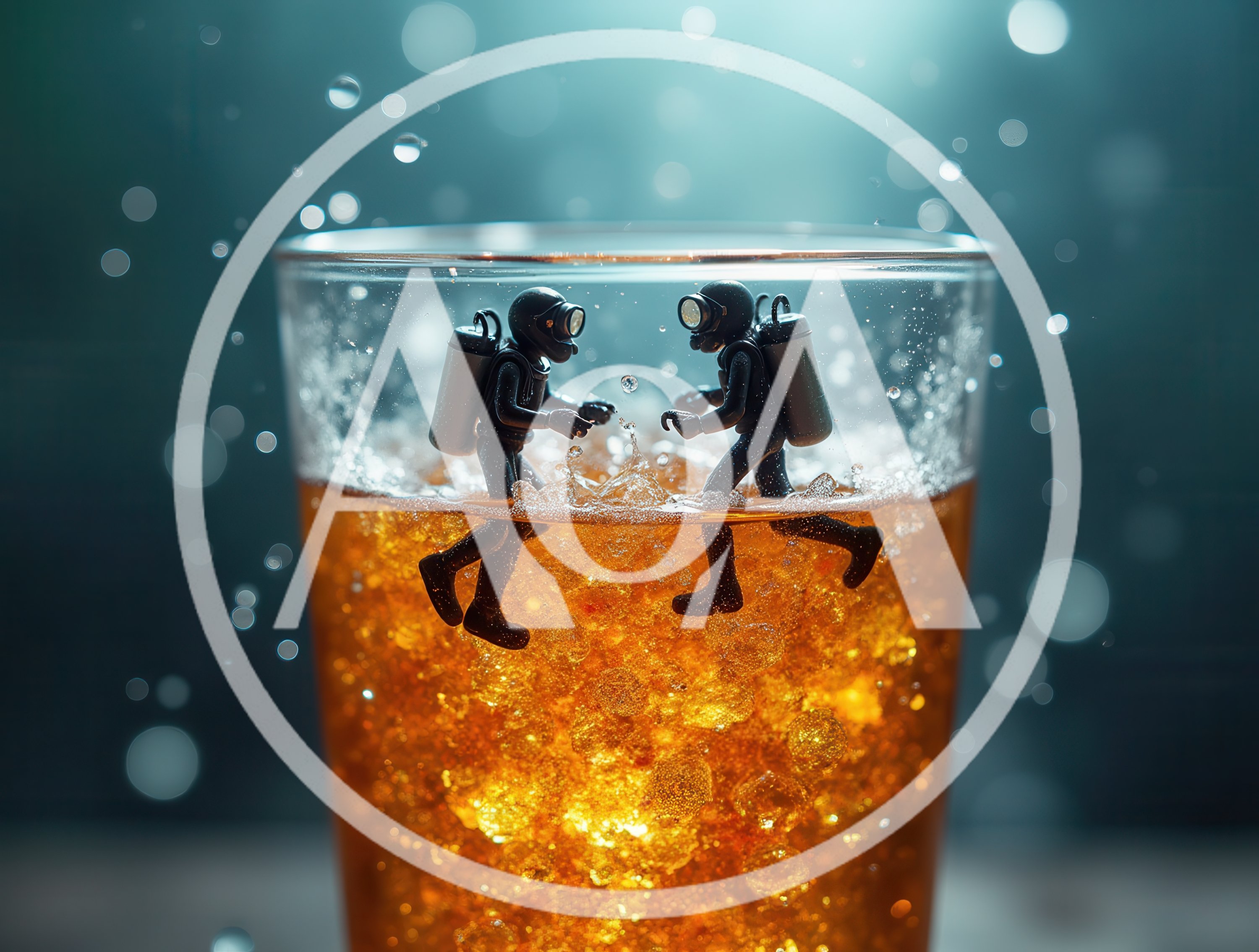 Miniature Scuba Divers Swimming In A Glass Of Soda