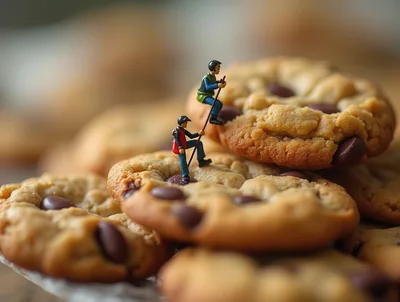 Miniature Hikers Climbing A Chocolate Chip Cookie