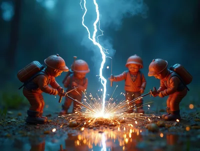 Miniature Toy Figures Working With Lightning And Sparks