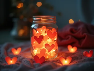 Glowing Heart Shaped Lights Inside A Glass Jar