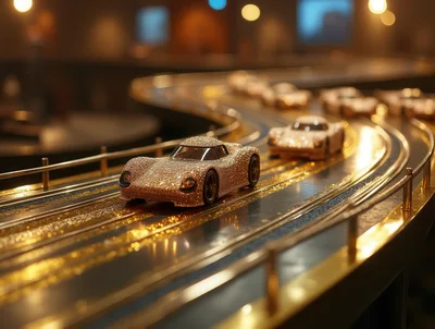 Miniature Diamond Encrusted Toy Cars On Slot Track