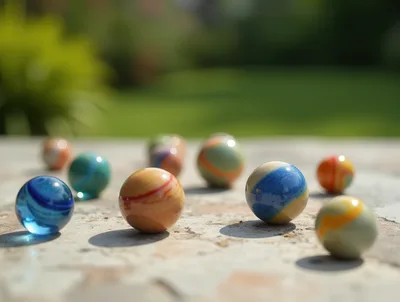 Colorful Glass Marbles Scattered on Stone Surface