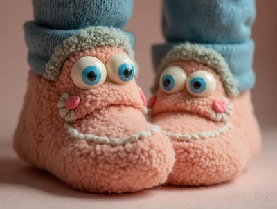 Pair Of Fuzzy Pink Slippers With Googly Eyes