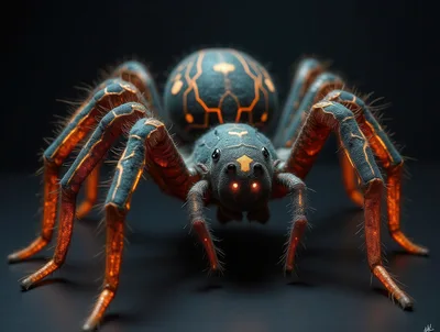Cybernetic Spider With Glowing Orange Circuitry Patterns