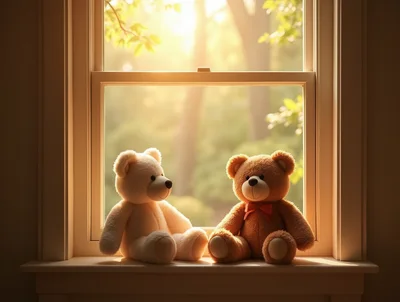 Two Teddy Bears Sitting Together On A Window Sill