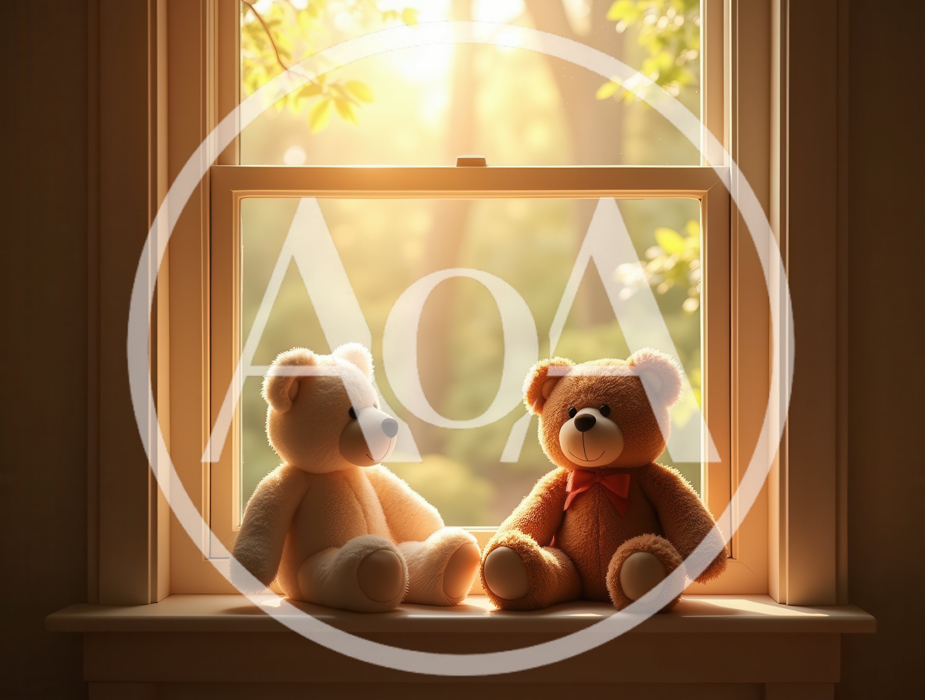 Two Teddy Bears Sitting Together On A Window Sill