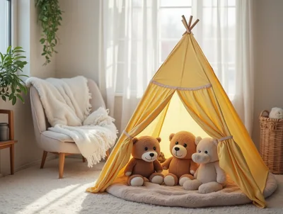 Three Teddy Bears Inside A Yellow Play Teepee