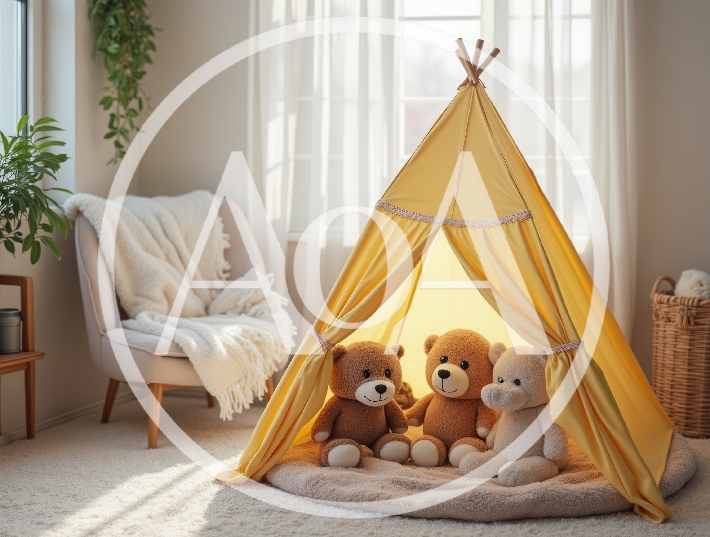 Three Teddy Bears Inside A Yellow Play Teepee