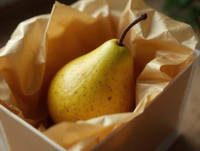 Single Ripe Yellow Pear Inside A Gift Box