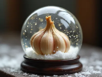 Garlic Bulb Inside A Decorative Snow Globe