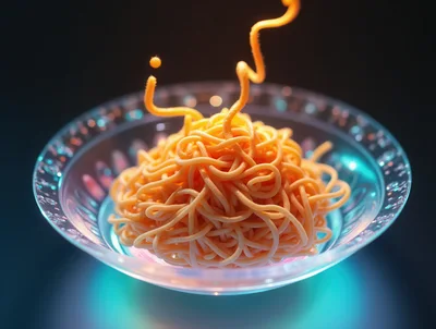 Neon Glowing Spaghetti In A Translucent Glass Bowl