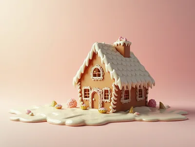 Gingerbread House With Icing On A Pink Background