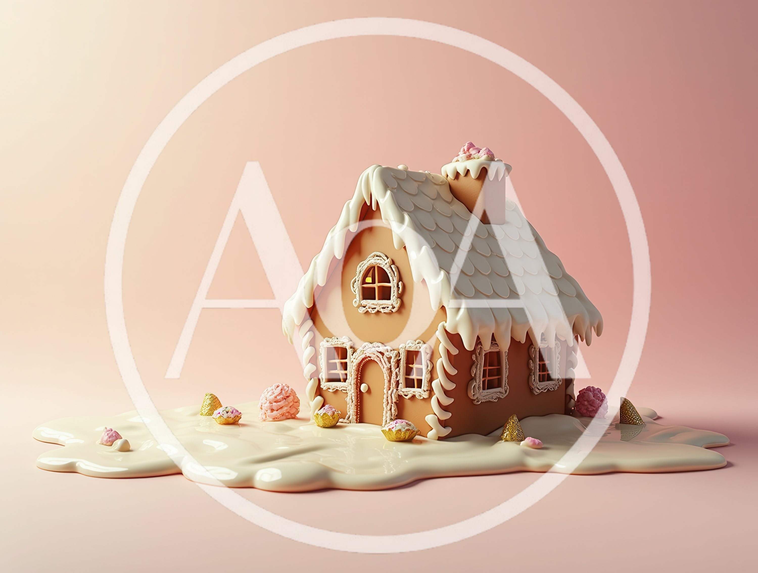 Gingerbread House With Icing On A Pink Background