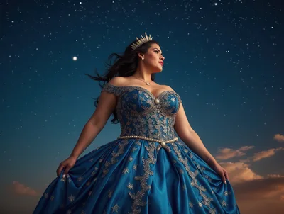 Plus Size Woman In Royal Blue Ballgown Under Stars