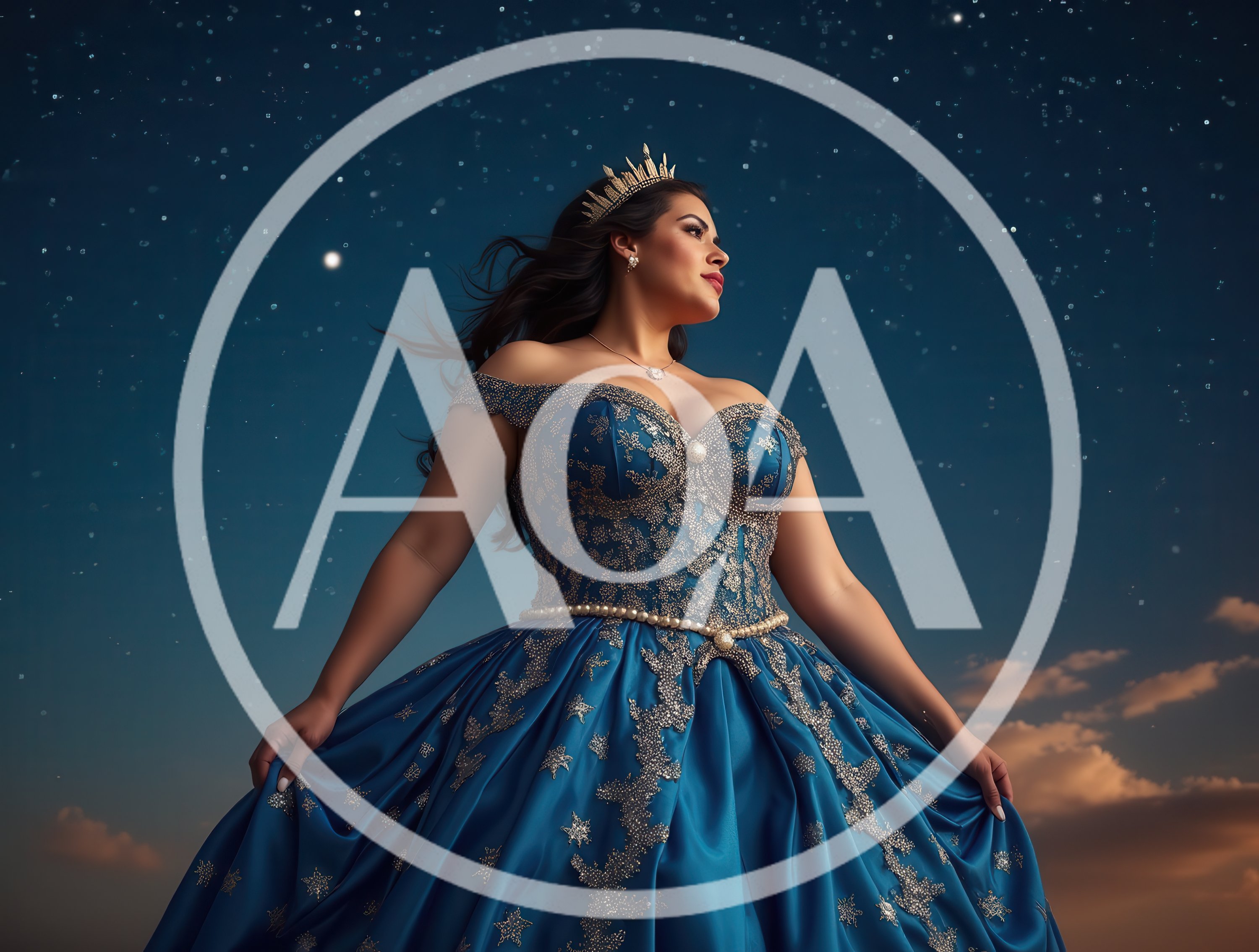 Plus Size Woman In Royal Blue Ballgown Under Stars