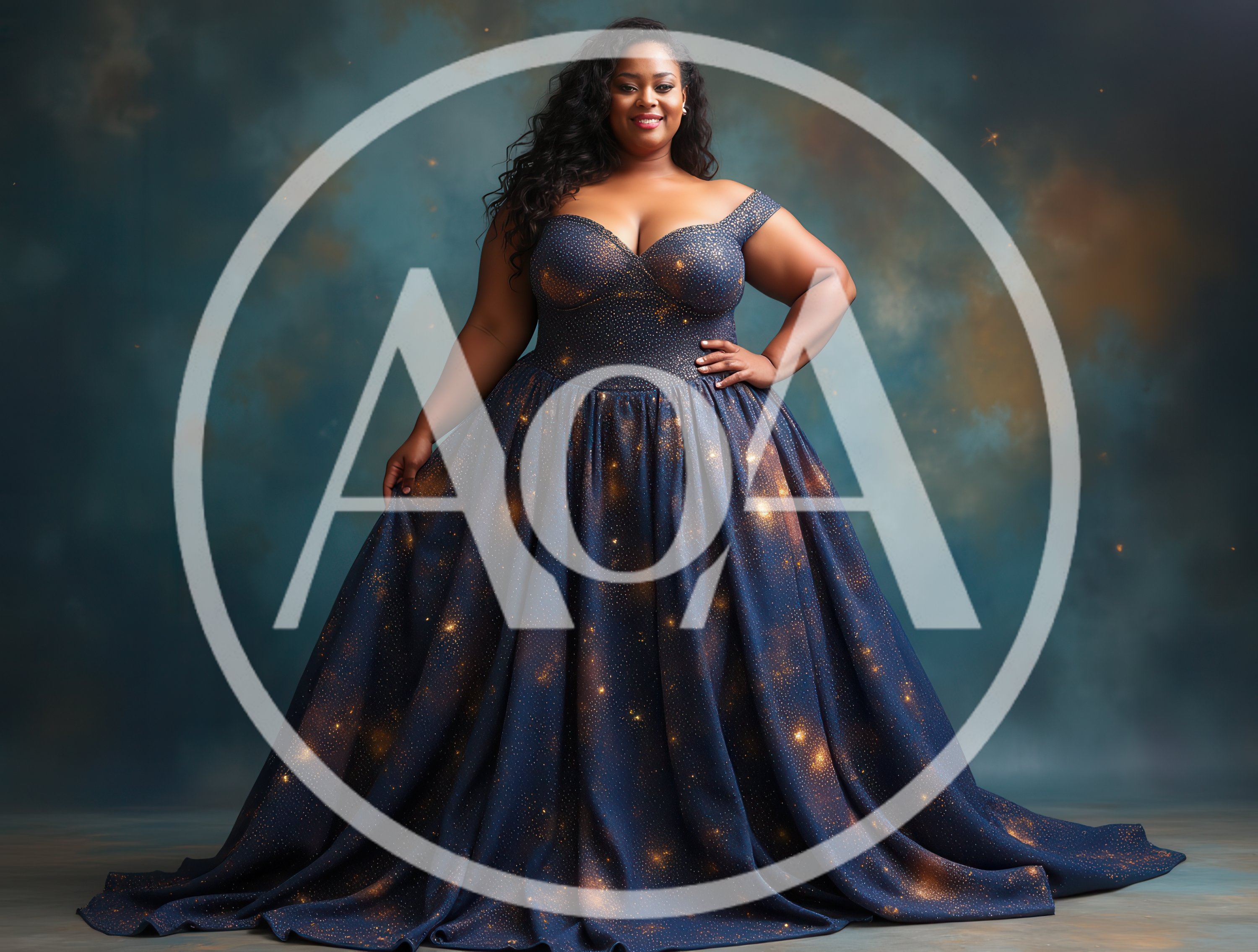 Plus Size Woman In Galaxy Print Evening Gown