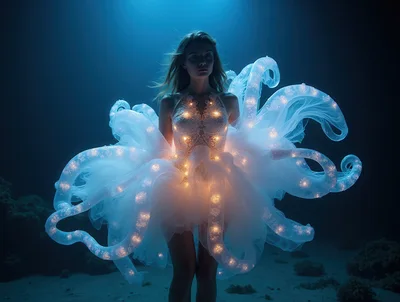 Ethereal Woman Wearing Glowing Jellyfish Inspired Dress Underwater