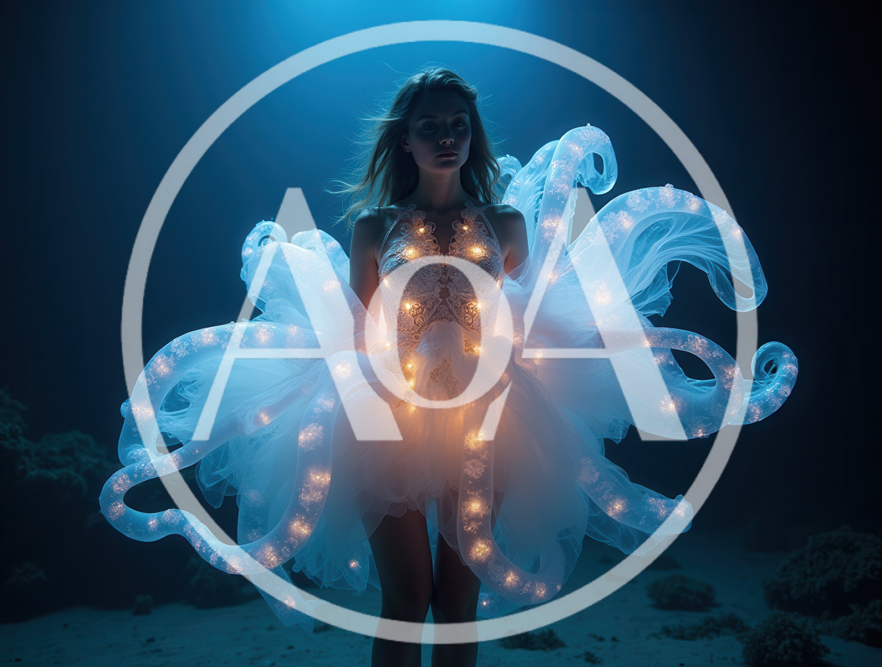 Ethereal Woman Wearing Glowing Jellyfish Inspired Dress Underwater