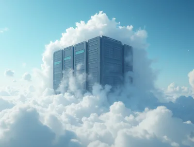 Futuristic Server Rack Floating Above The Clouds