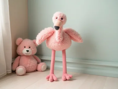 Plush Flamingo and Teddy Bear Toys in Nursery