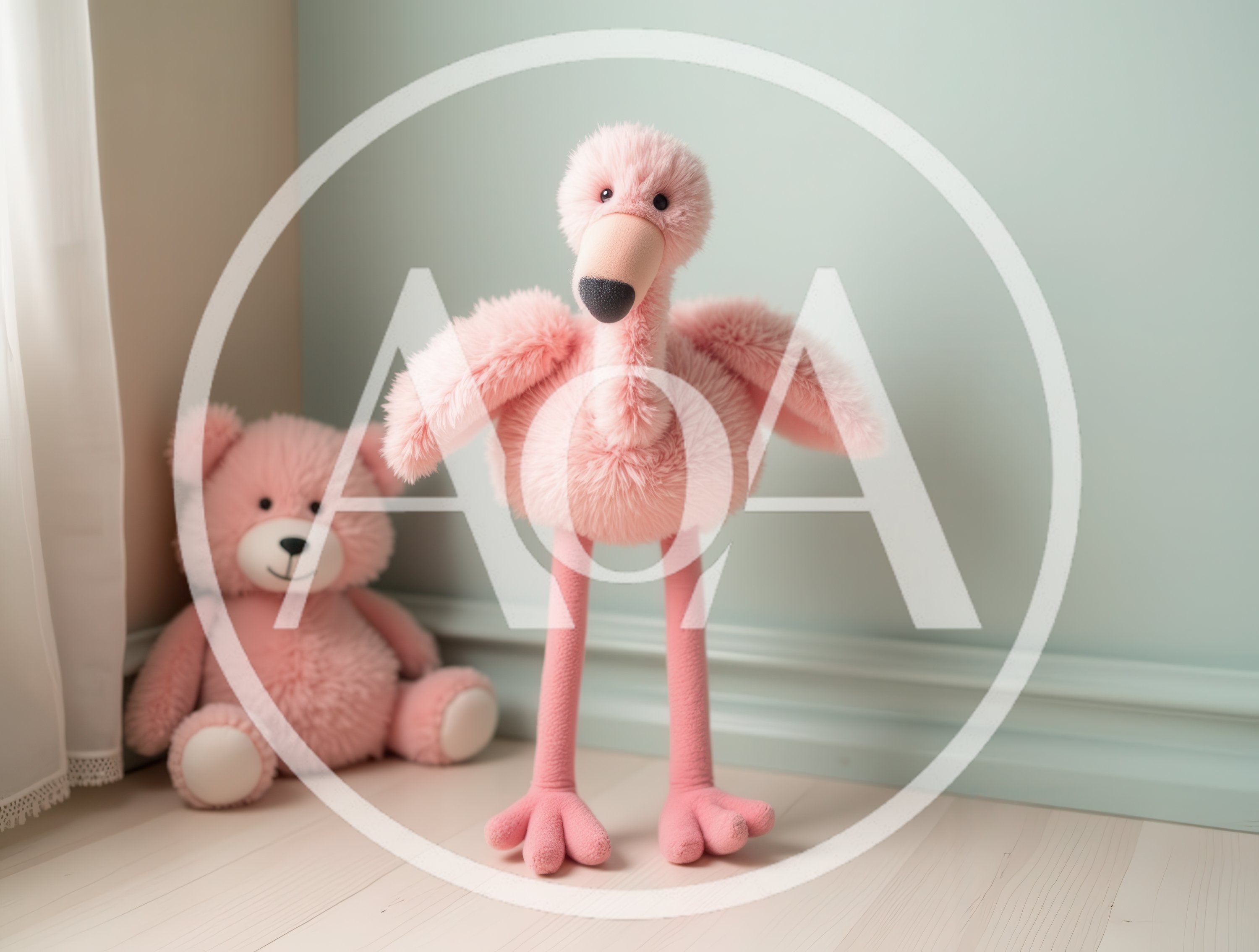 Plush Flamingo and Teddy Bear Toys in Nursery