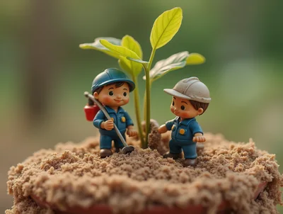 Miniature Figurines Gardening Around A Small Green Plant