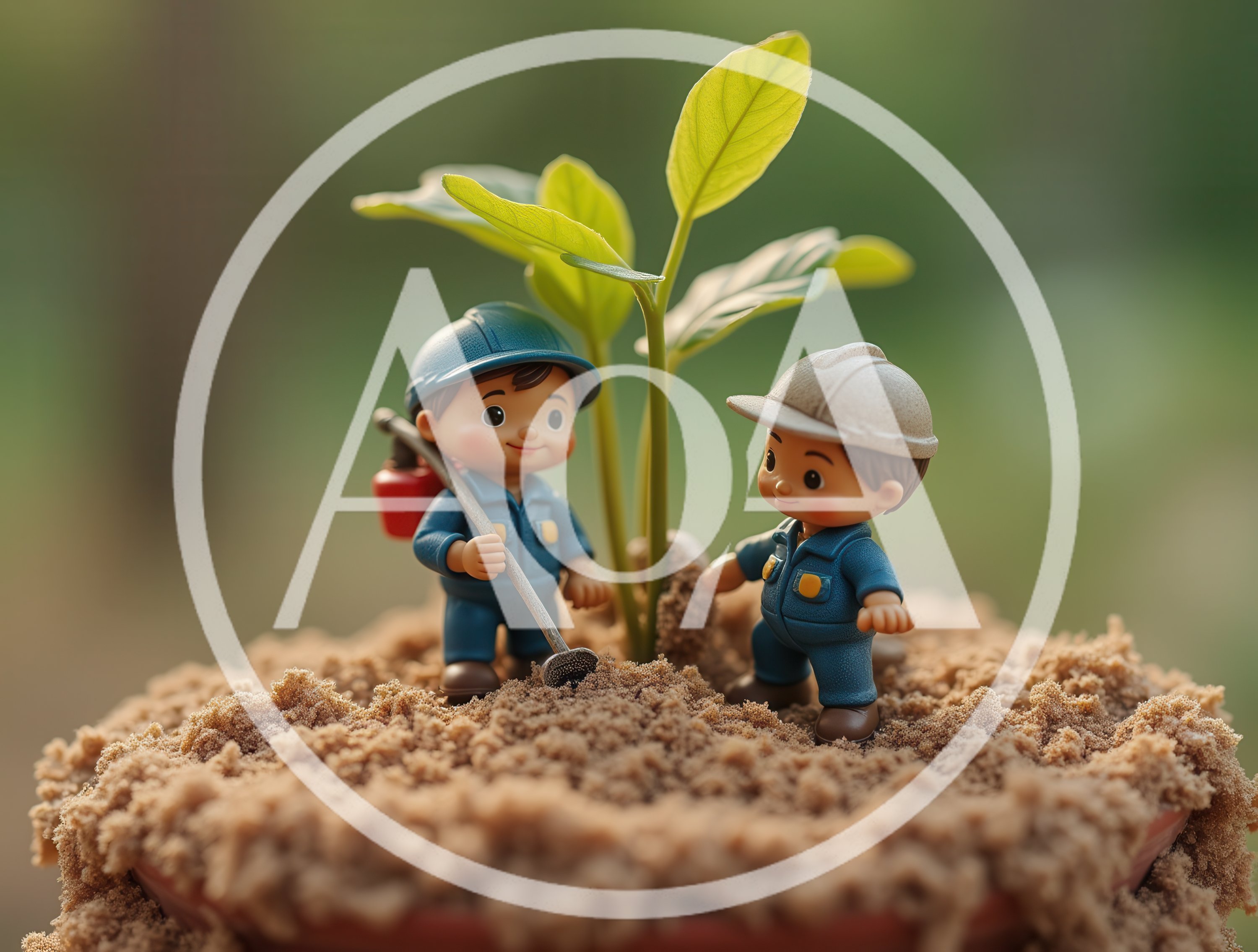 Miniature Figurines Gardening Around A Small Green Plant