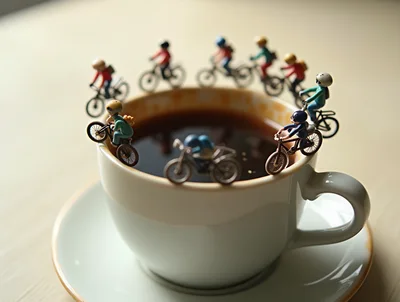Miniature Cyclists Riding Around A Coffee Cup Rim
